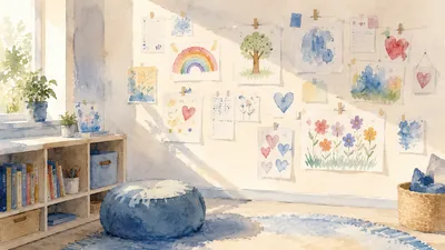 muro con dibujos infantiles y materiales de arte sobre una mesa de taller