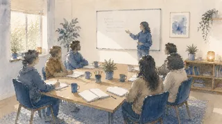 grupo de personas adultas sentadas en círculo en una sala de entrenamiento de habilidades